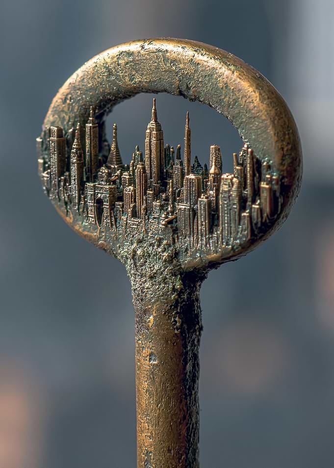 Bronze Key with Miniature Cityscape