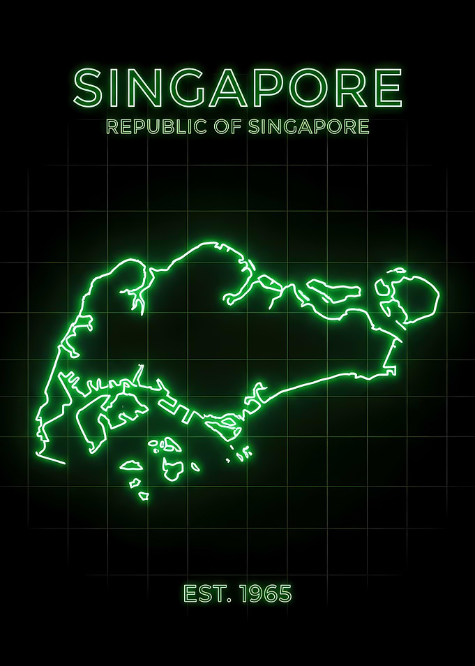 Neon Singapore Map on Black Grid Background. Ets 1965