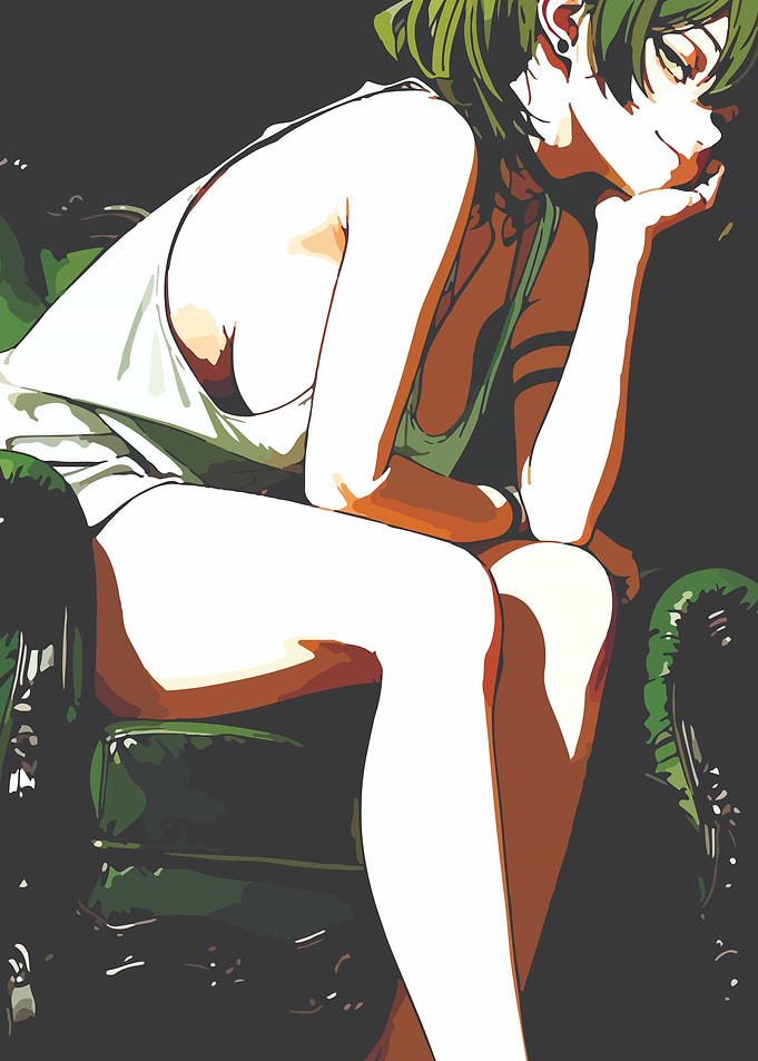 Anime Girl Sitting on a Green Chair