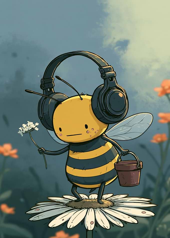 Cute Bee with Headphones and Flower