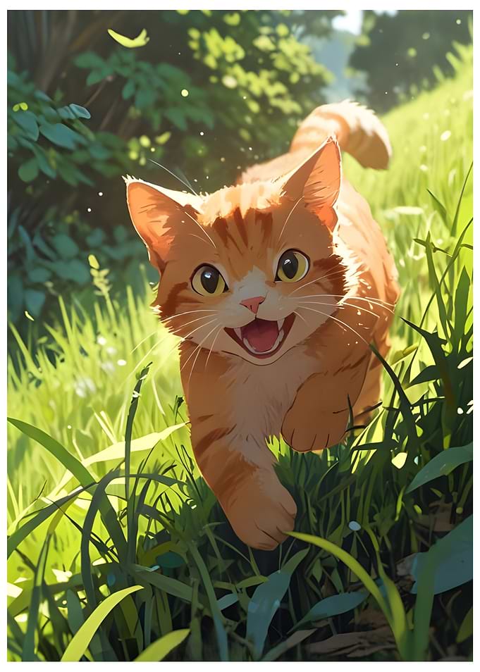 Happy Orange Cat in Green Grass