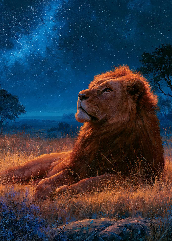 Lion under a starry night sky