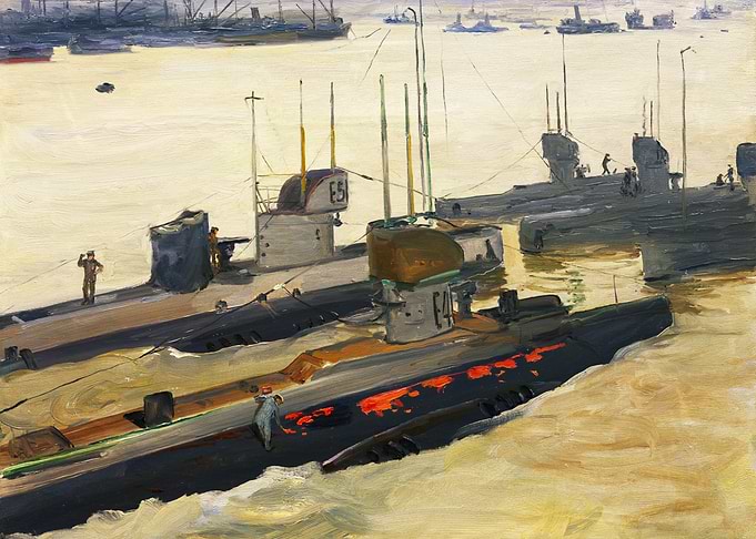 British Mine-laying Submarines, Harwich, 1917 by John Lavery WW1 Historical Painting