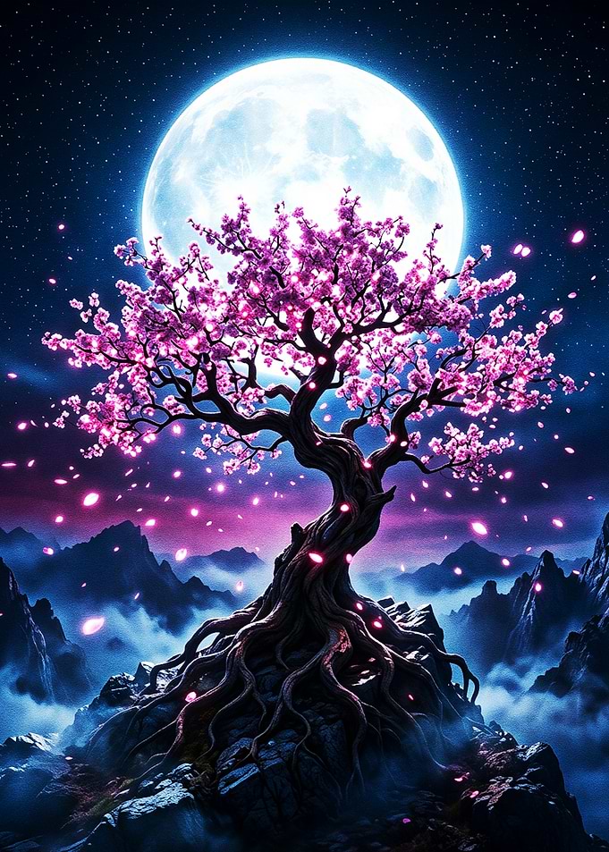 Glowing Cherry Blossoms Fantasy Night Poster