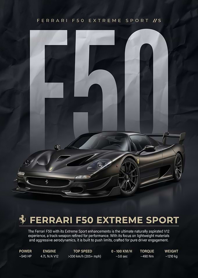 A dark dramatic Ferrari F50 Sport Poster
