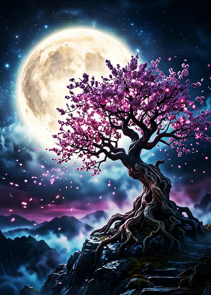 Magical Cherry Blossom Tree Under Full Moon
