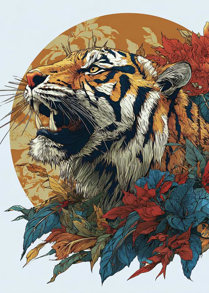 Roaring Tiger with Flowers