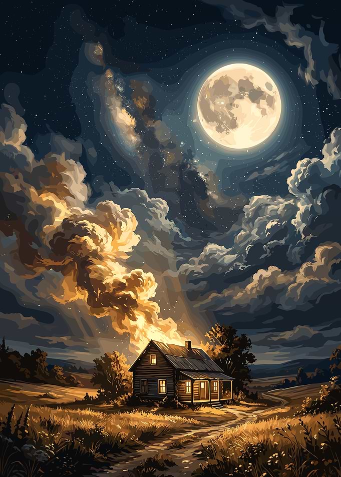 Moonlit Cabin in a Field