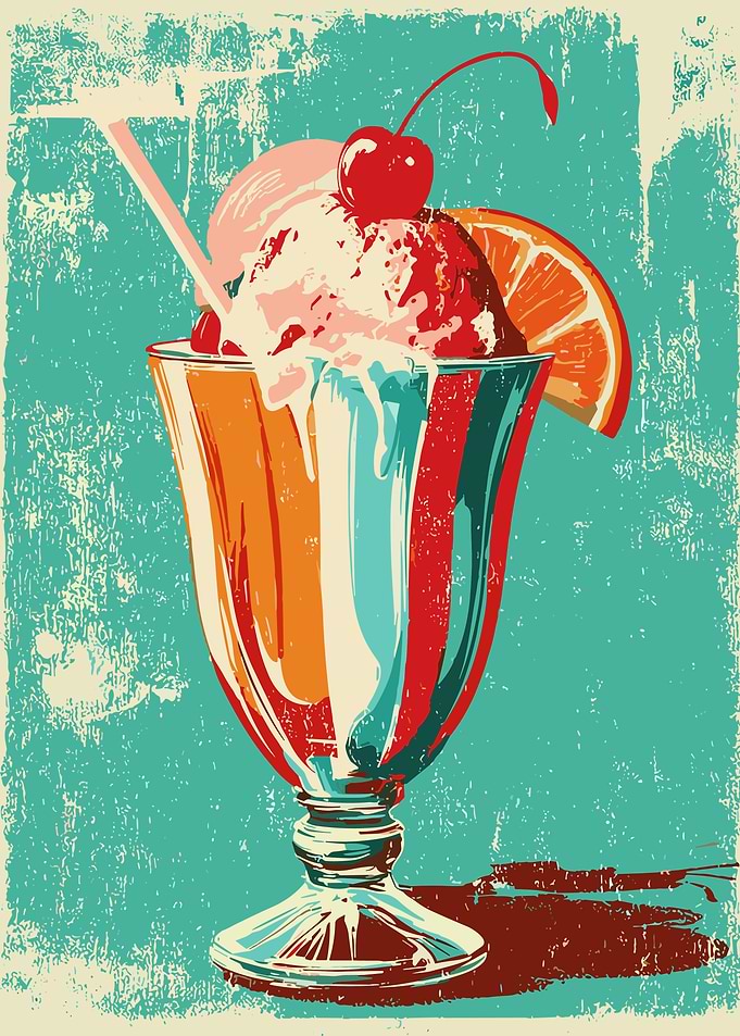 Retro Ice Cream Sundae Illustration – Vibrant Vintage Wall Art Poster