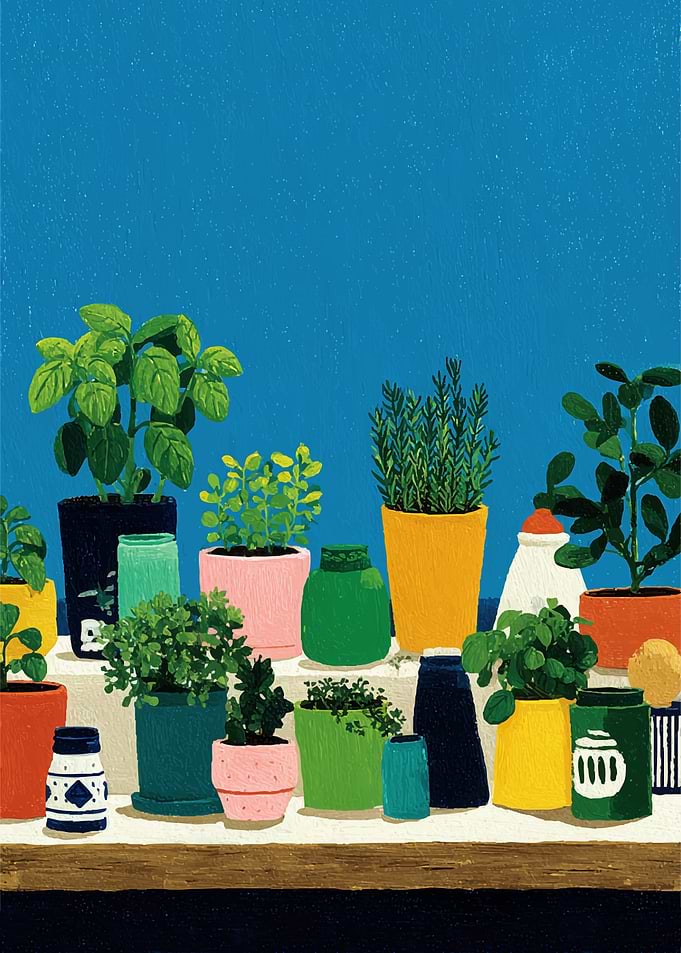 Colorful Potted Herbs on a Shelf