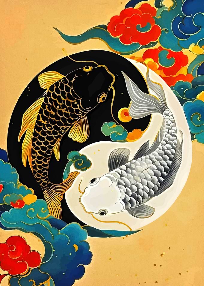 Yin Yang Koi Fish with Clouds