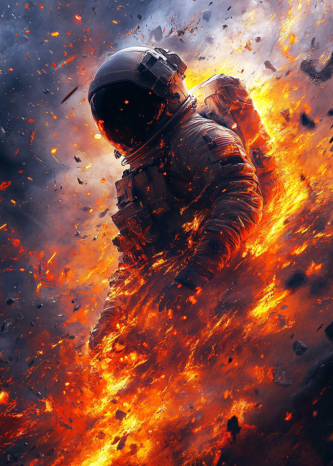 Astronaut engulfed in flames