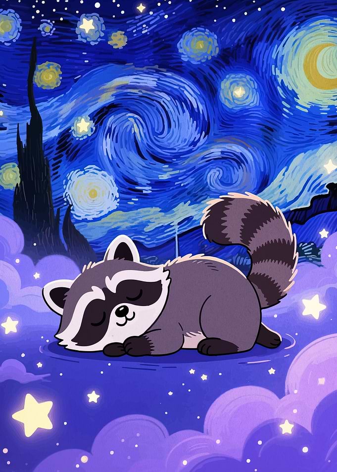 Cute Raccoon Sleeping Under Starry Night Sky
