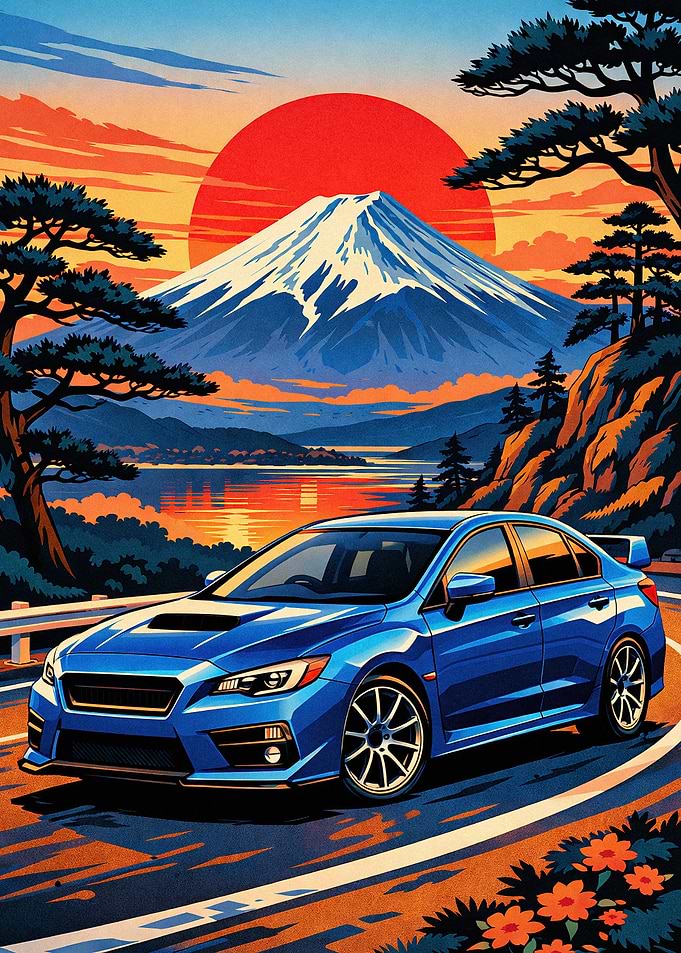 Blue Subaru WRX with Mount Fuji Sunset