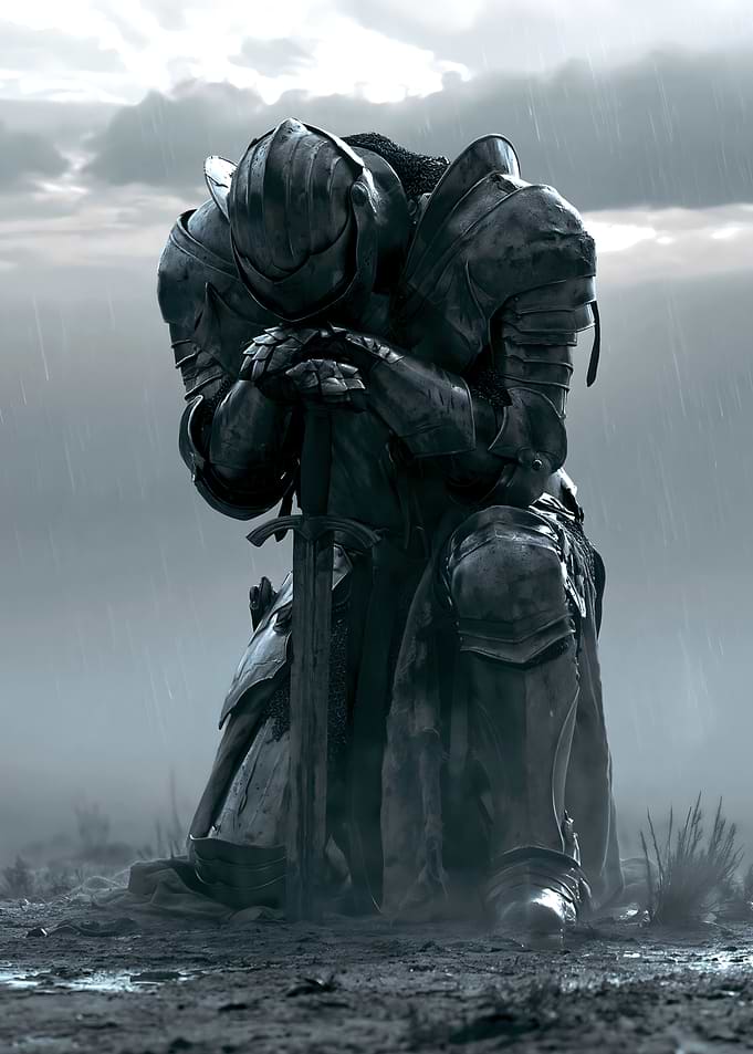 Knight kneeling in the rain