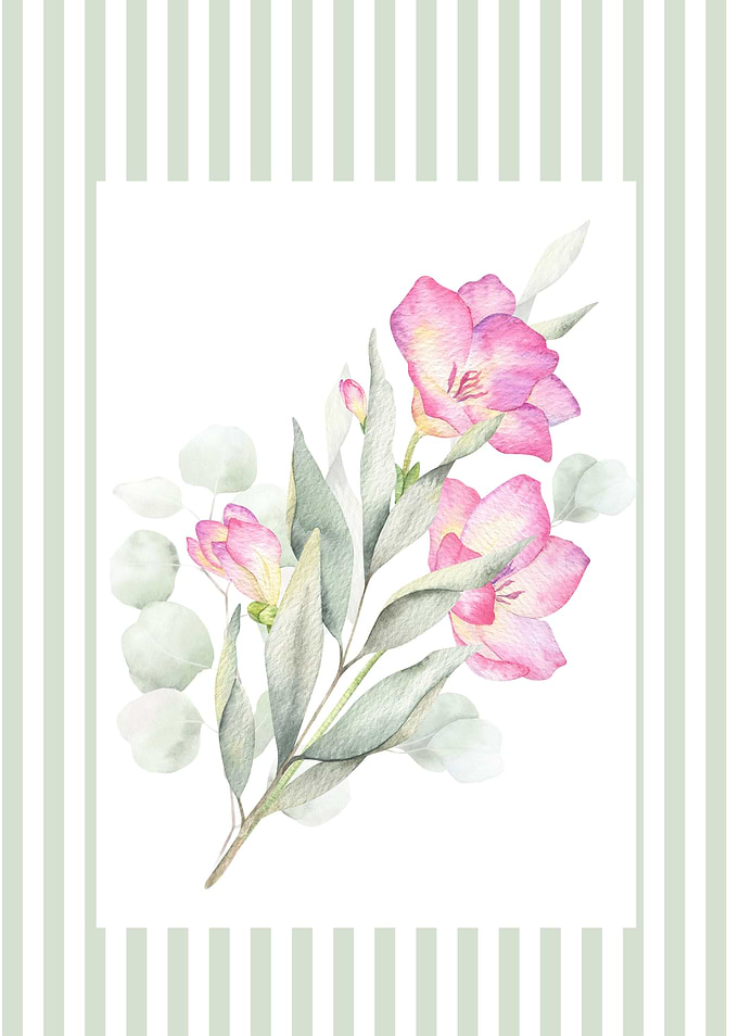 Watercolor Floral Arrangement with Green Stripes