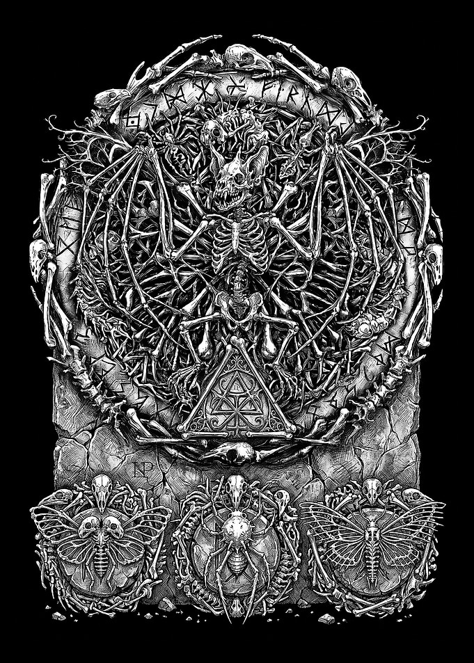 Evolution Occult Ritual - Macabre Skeleton and Insect Art