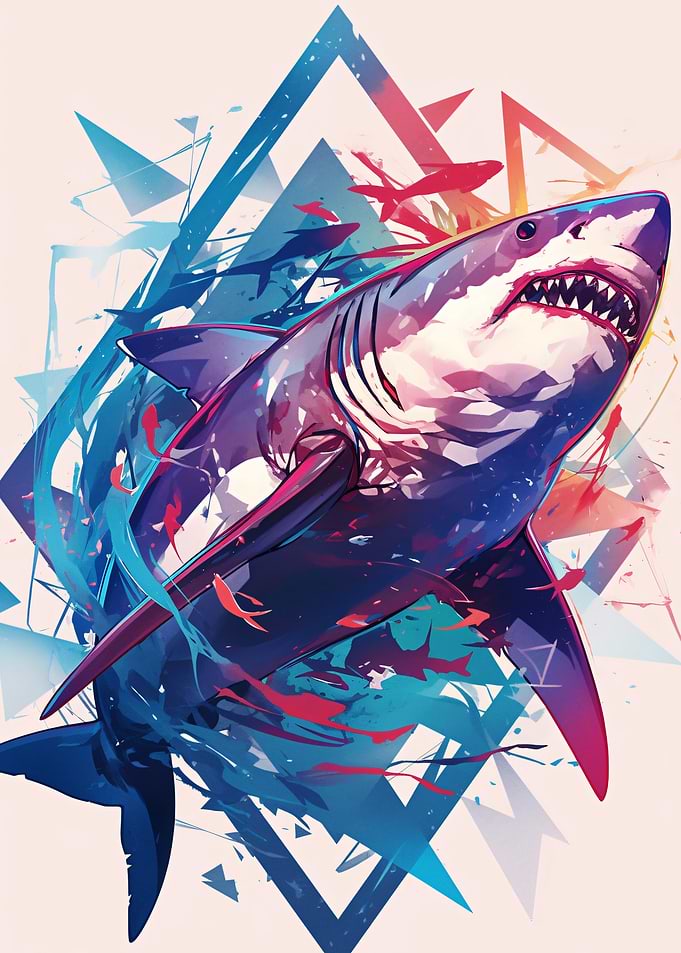 Aggressive Shark with Geometric Background