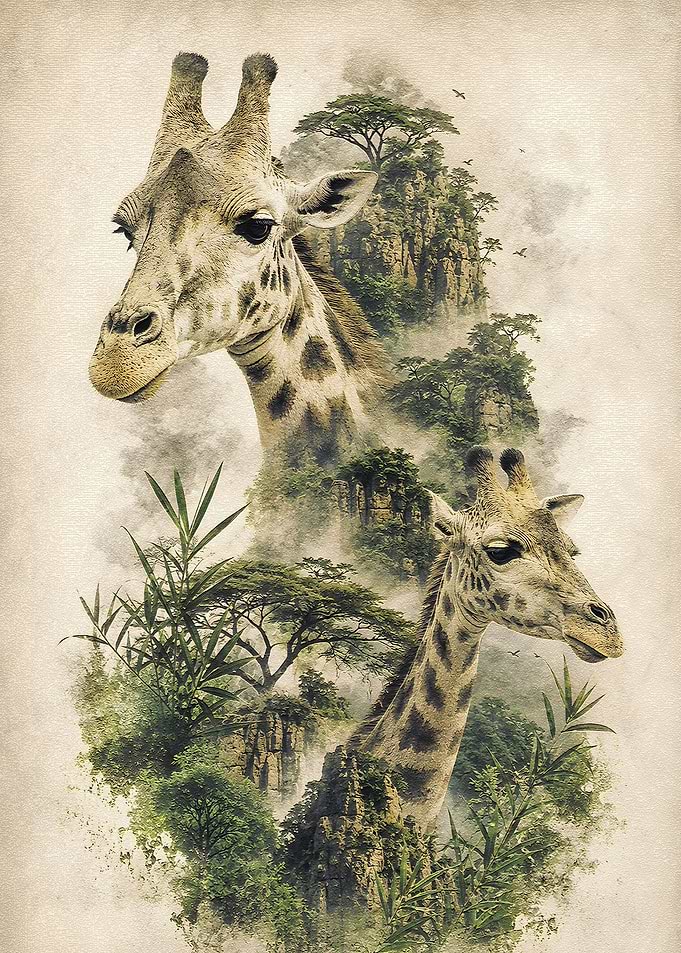 Giraffes Merged with Mountain Landscape