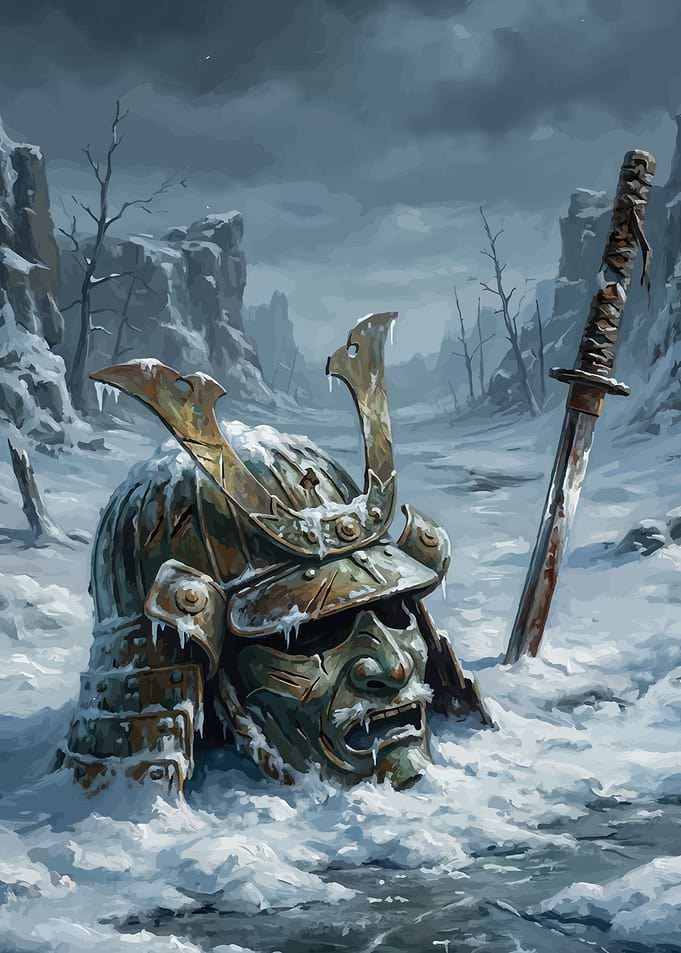Samurai Helmet and Katana in Snow