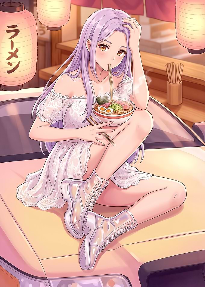 Anime Girl Eating Ramen on The Hood Car