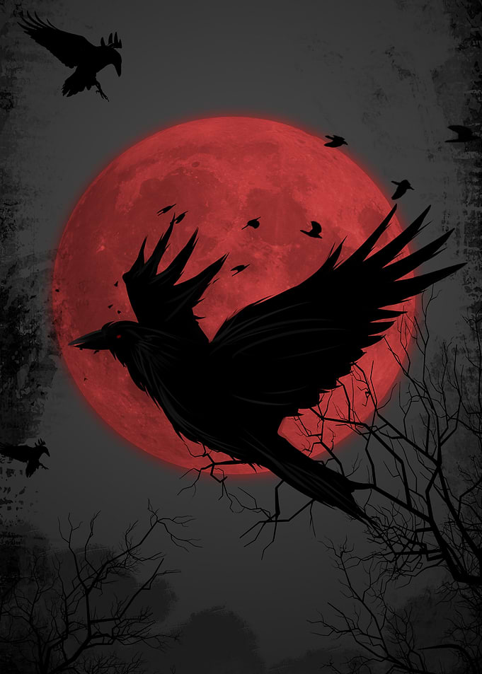 Raven flying against a red moon