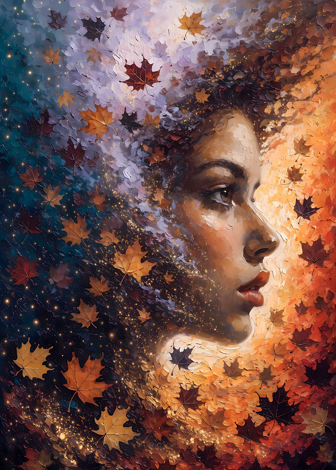 Autumn Whispers: Woman with a Crown of Glowing Maple Leaves
