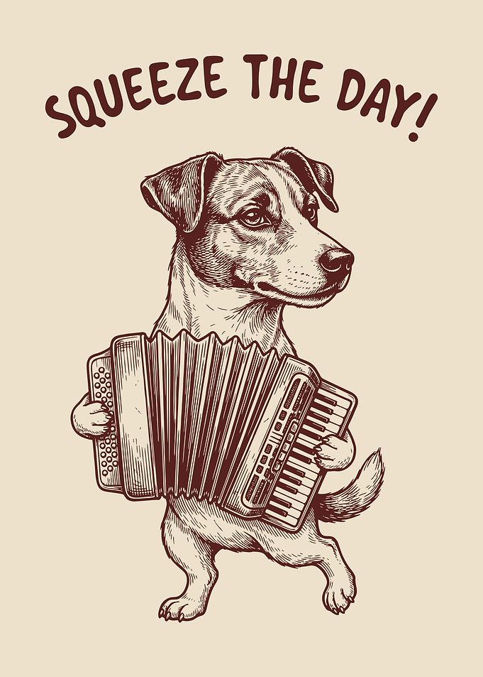 Dog playing accordion with text