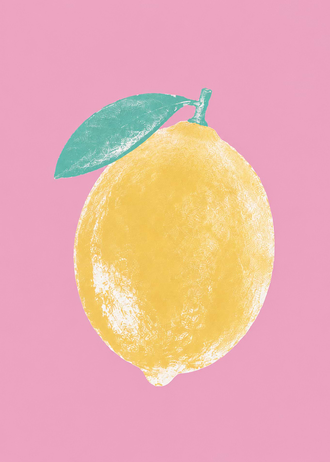 Yellow Lemon with Green Leaf on Pink Background