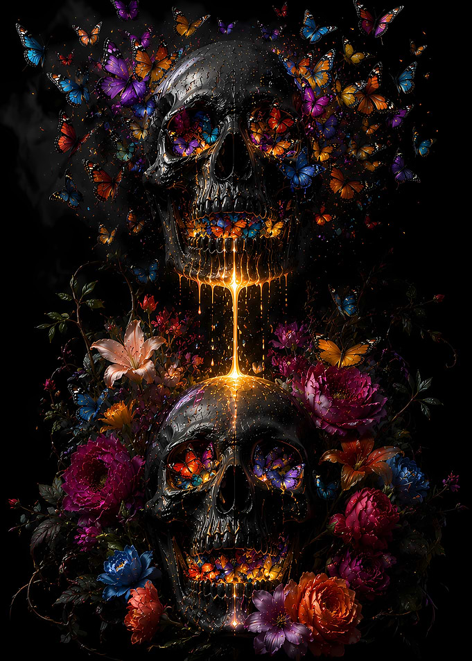 Skulls with Butterflies and Flowers