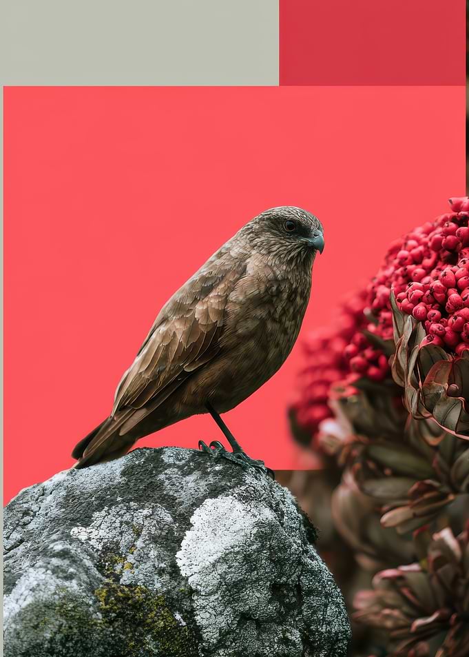 Bird on a Rock with Red Berries