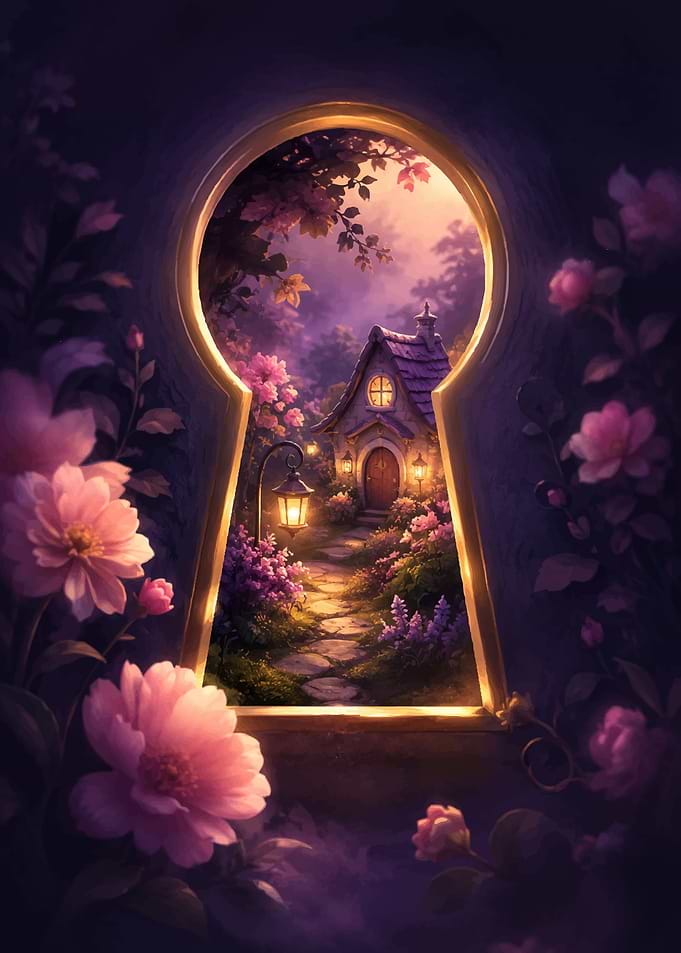 Enchanted Keyhole View of a Fairy Tale Cottage