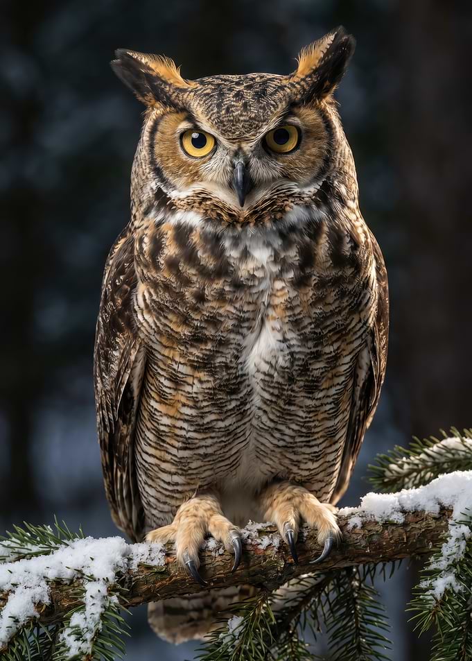 Great Horned Owl on Snowy Branch