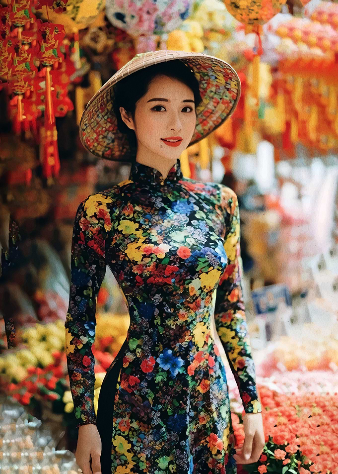 Woman in Floral Ao Dai and Conical Hat