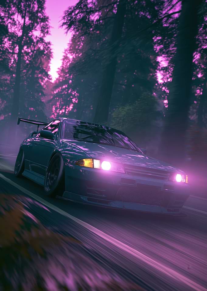 Drifting Car in Purple Forest