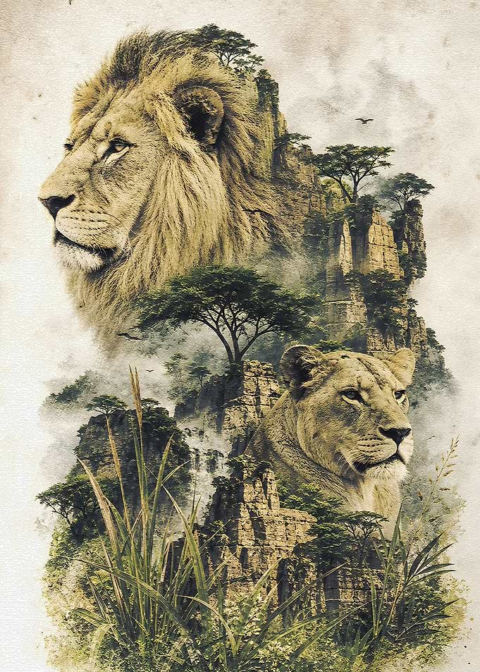 Majestic Lions on Mountain Landscape
