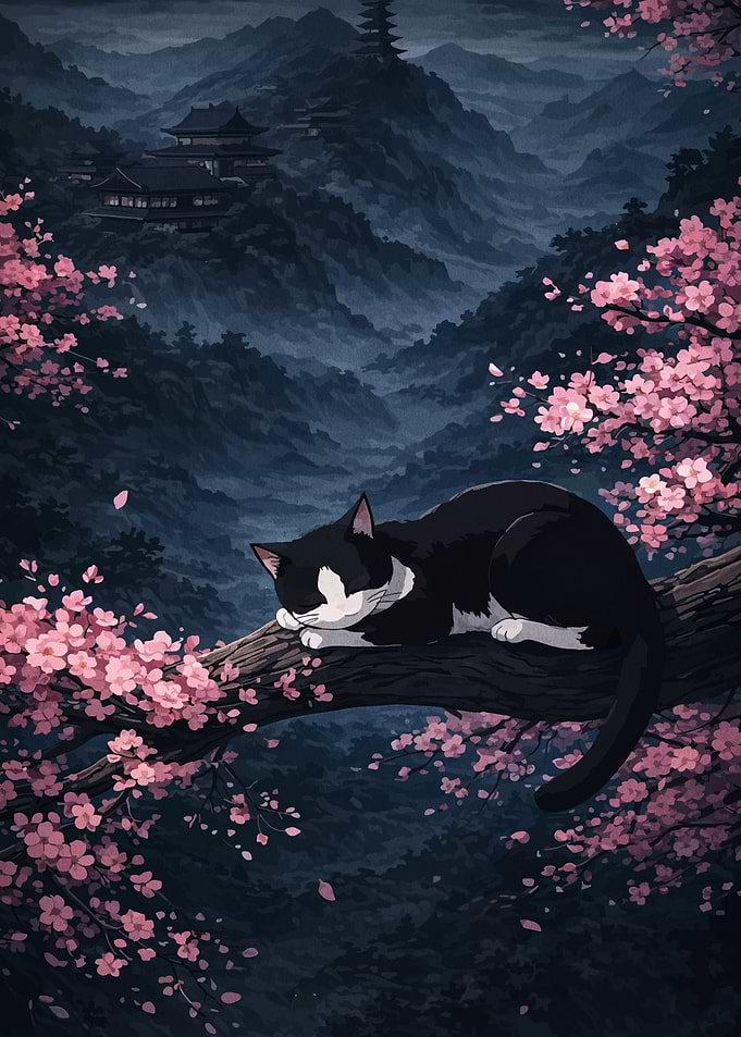 Cat Sleeping on Cherry Blossom Branch