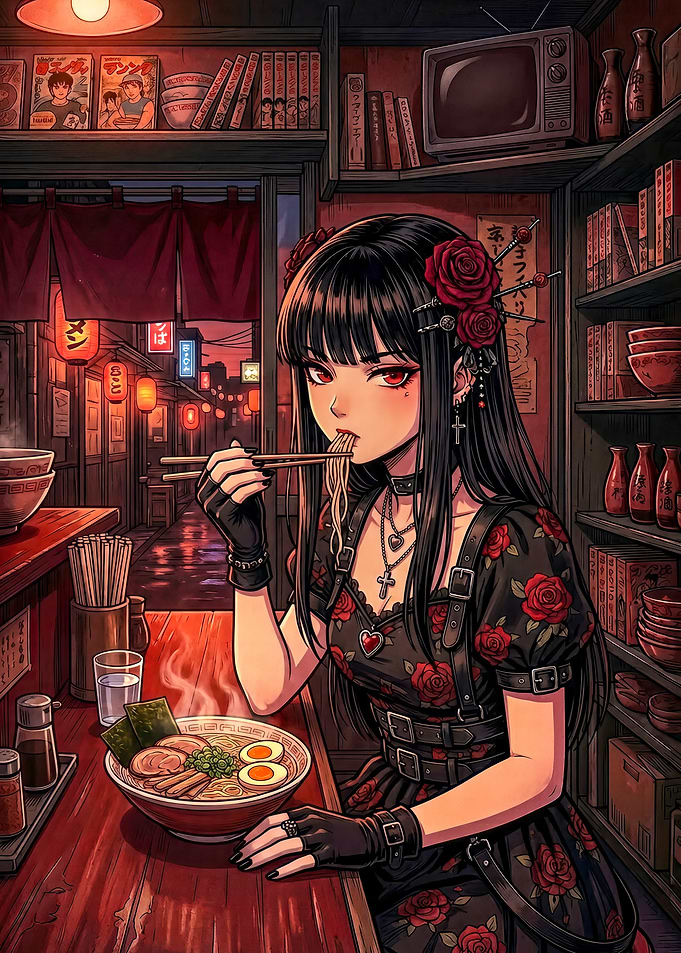 Gothic Anime Girl Eating Ramen