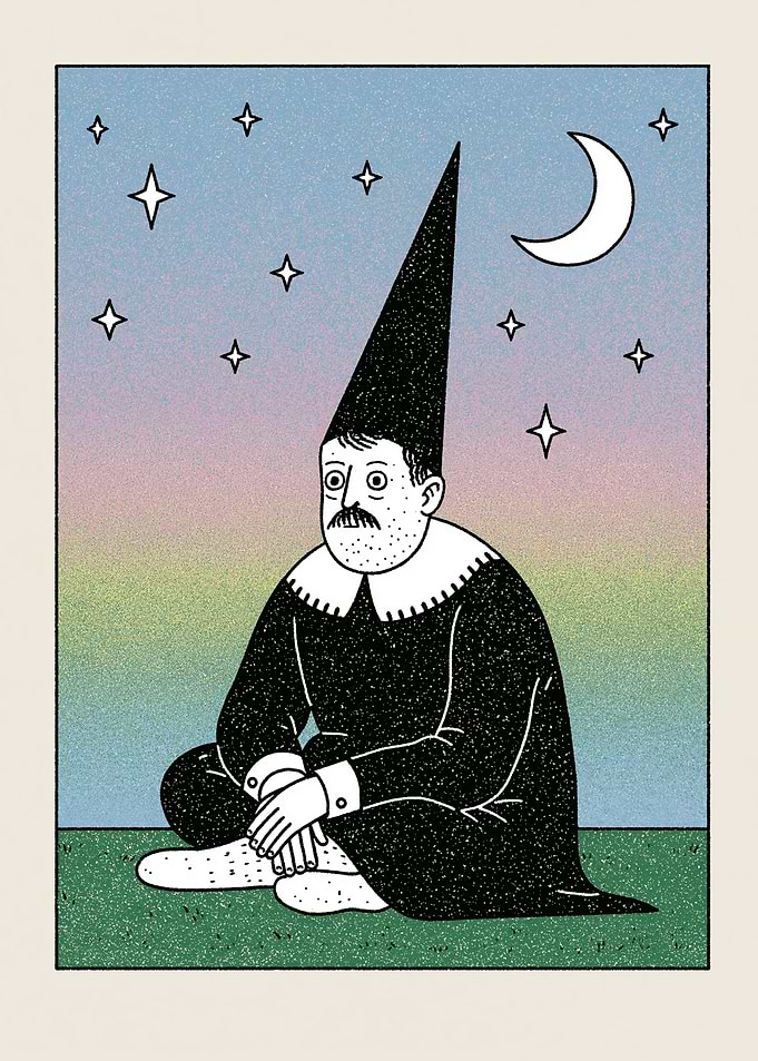 Man in a conical hat under the night sky