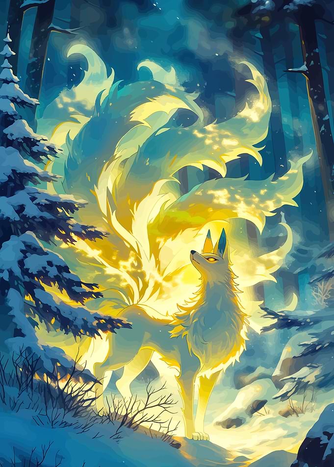 Nine-Tailed Fox in Snowy Forest