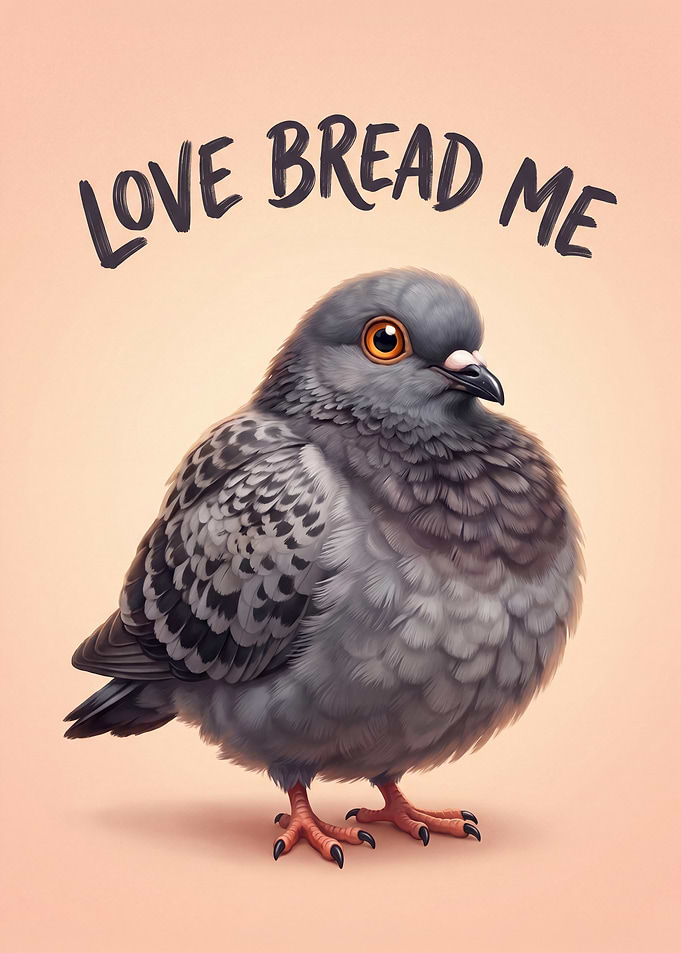 Cute Pigeon with 'Love Bread Me' Text