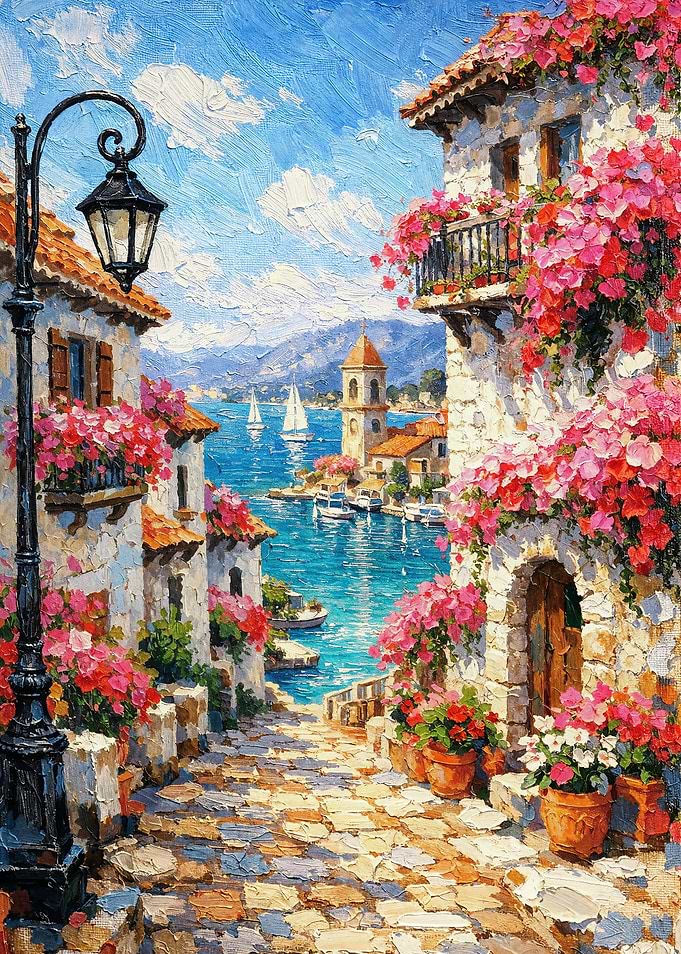 Mediterranean Coastal Village with Flowers and Seaview
