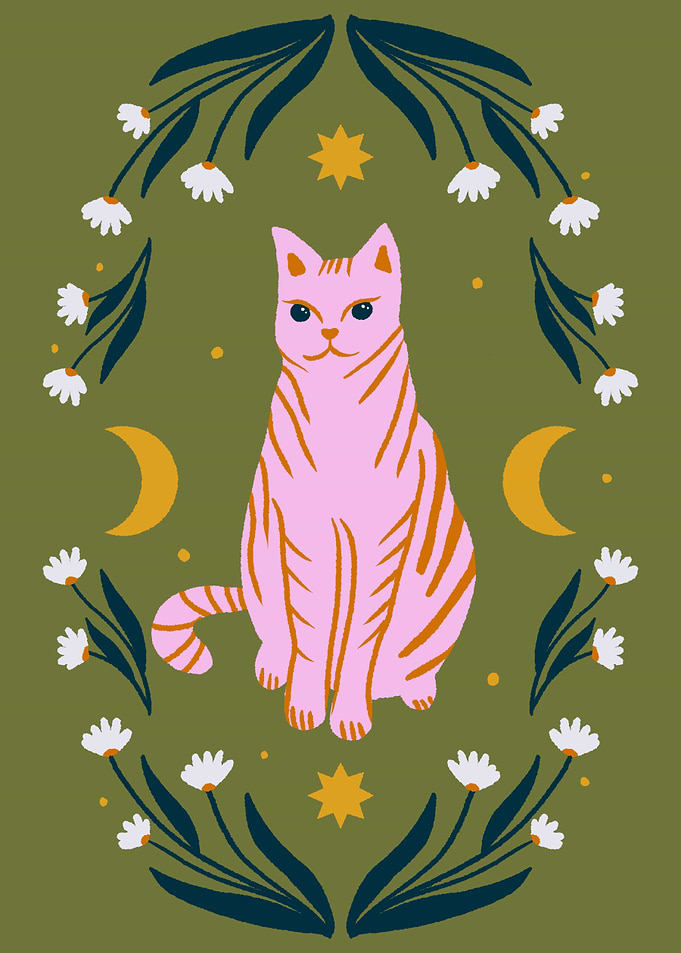 Pink lunar Cat with Floral Border