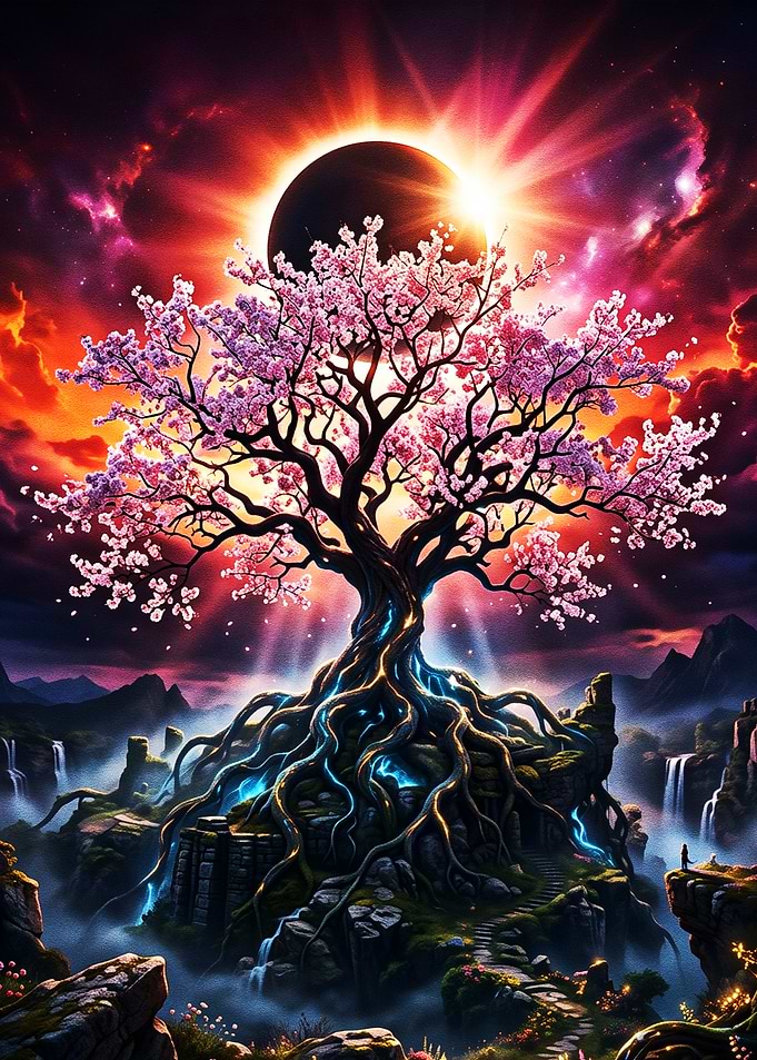 Enchanted Cherry Blossom Tree Under Eclipse