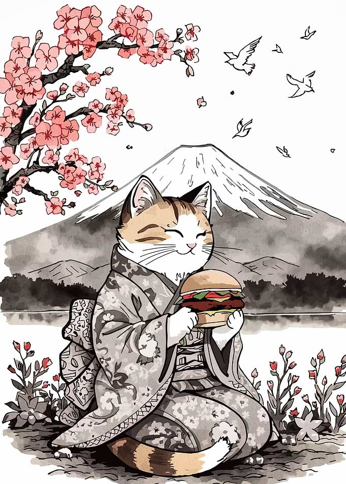 Cat in Kimono with Burger and Mt. Fuji