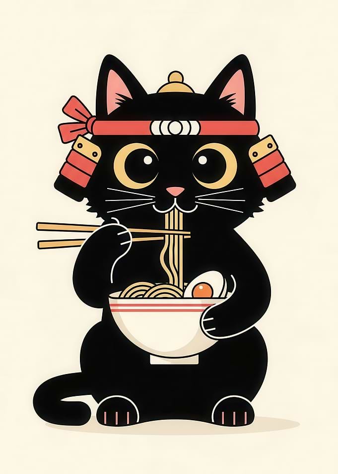 Samurai Cat Eating Ramen