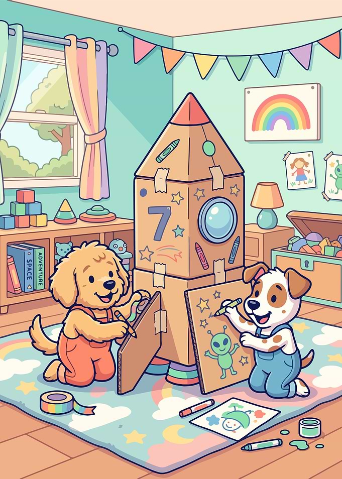 Dogs building a cardboard rocket