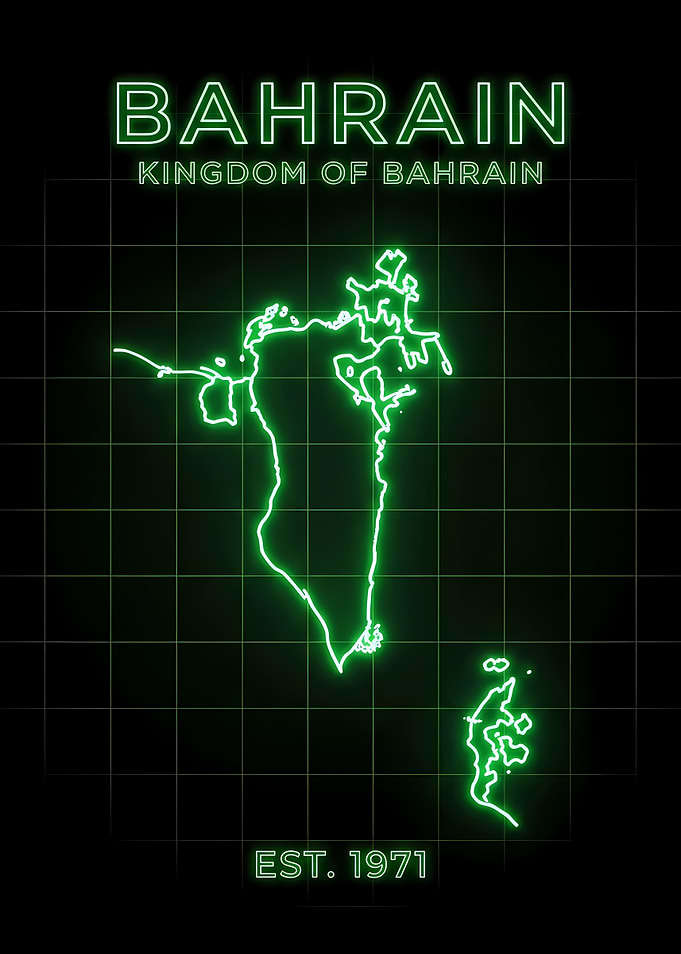 Neon Bahrain Map on Retro Futuristic Grid Background- Middle East