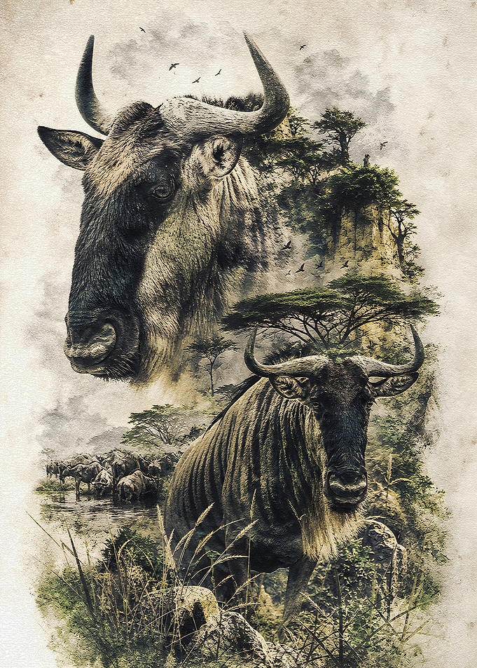 Wildebeest Landscape Double Exposure
