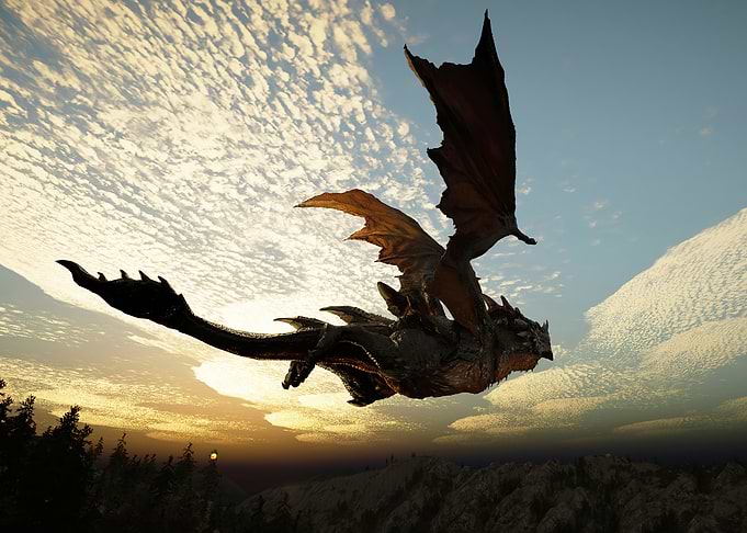 Dragon flying at sunset